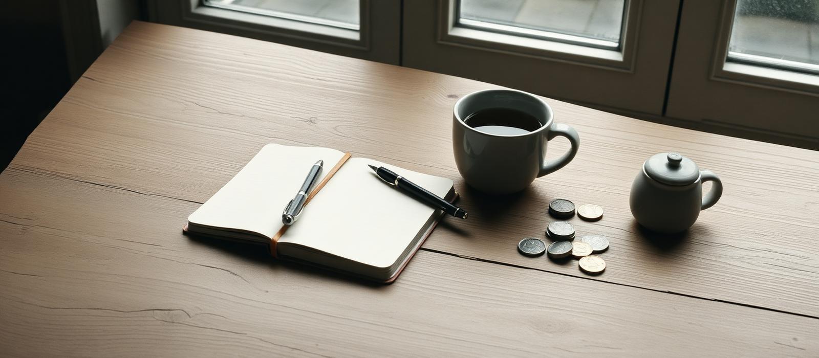 Notebook, pen, tea and a few coins on a wooden table in morning light