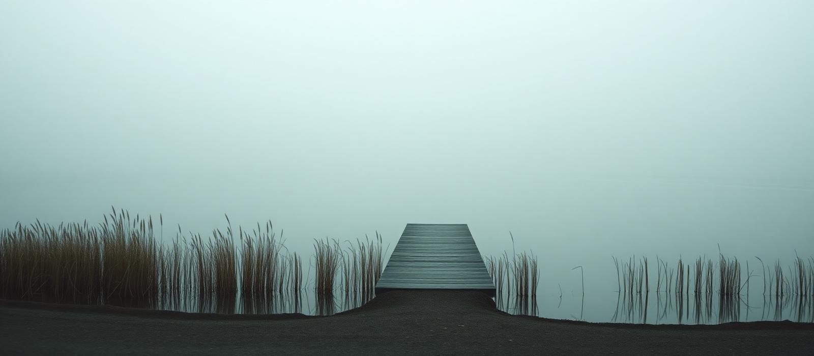 Still lake at dawn with reeds and a small wooden jetty