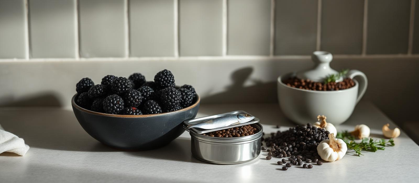 Frozen dark berries, tinned sardines, lentils, garlic and herbs on a kitchen counter