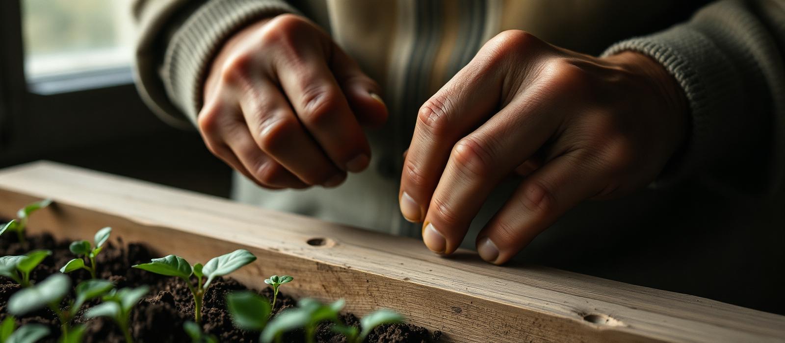 Hands tending young seedlings at a workbench