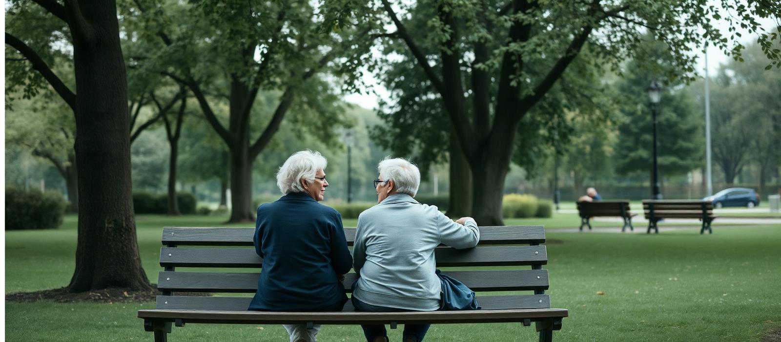 Two friends talking on a park bench under trees